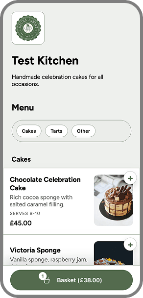 Bakery ordering page on mobile